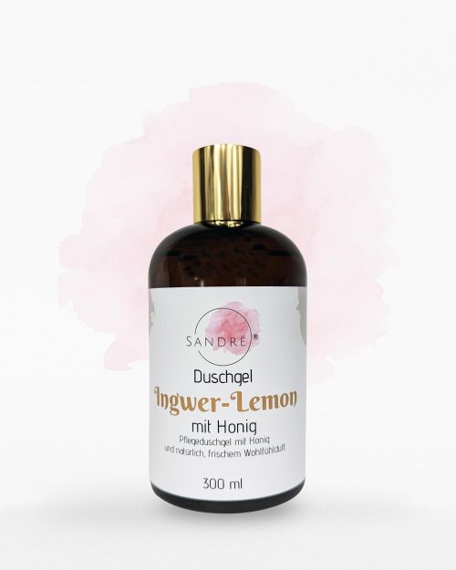 Ingwer Lemon Duschgel mit Honig in dunkler Flasche mit goldener Kappe