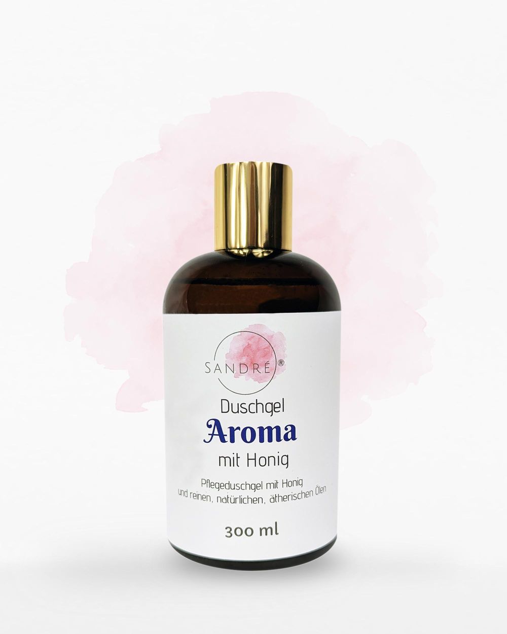 Aromaduschgel in dunkler Flasche mit goldener Kappe